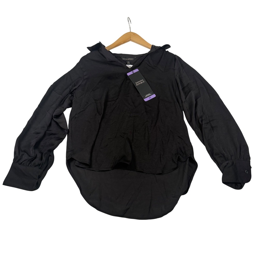 Banana Republic Womens XS Black Satin Long Sleeve Pullover High Low Blouse NWT